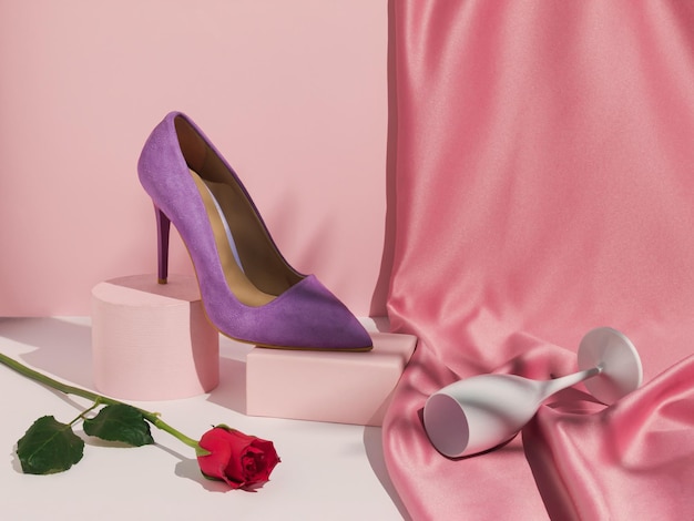 scarpa con tacco alto sul podio del prodotto bicchiere di champagne fiore rosa e tenda rosa San Valentino o 8 marzo