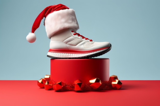 Scarpa da corsa per i propositi del nuovo anno con un cappello di Babbo Natale, stile di vita sano, sfida di Capodanno
