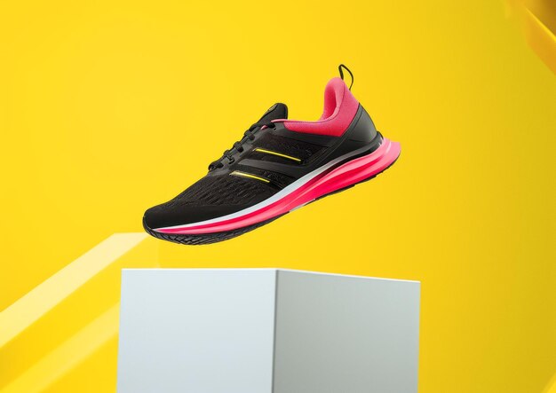 Scarpe da corsa di levitazione colore rosa nero su un podio bianco su sfondo giallo