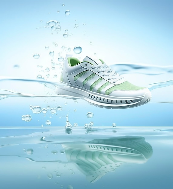 Scarpe da corsa fresche in acqua e vento nello stile di modelli naturali bianco chiaro e indigo chiaro illustrazione eterea blu chiaro e verde chiaro delicata natura morta AI Generative