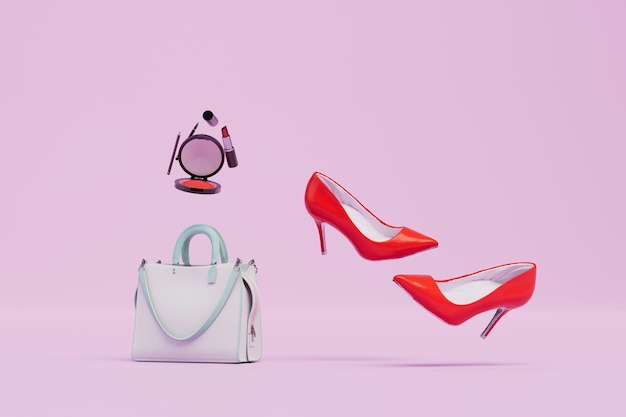 Scarpe da donna rosse con tacchi e una borsetta con cosmetici su sfondo pastello 3D render