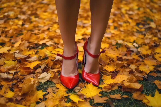 Scarpe da donna rosse su uno sfondo di foglie autunnali arancioni AI