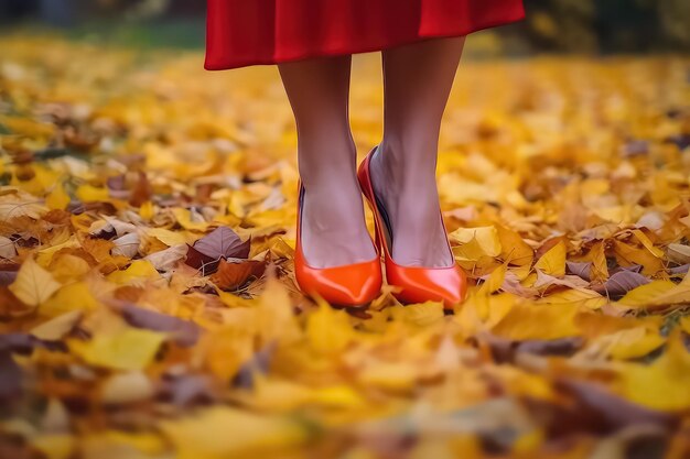 Scarpe da donna rosse su uno sfondo di foglie autunnali arancioni AI
