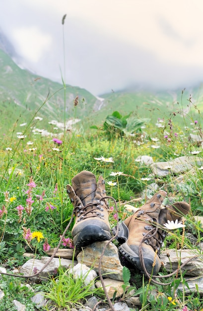 Scarpe da escursionista in erba e fiori