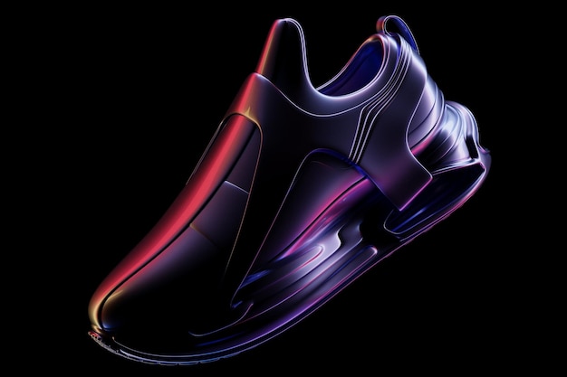 Scarpe da ginnastica colorate con una stampa luminosa su una suola alta isolata su uno sfondo nero rendering 3D