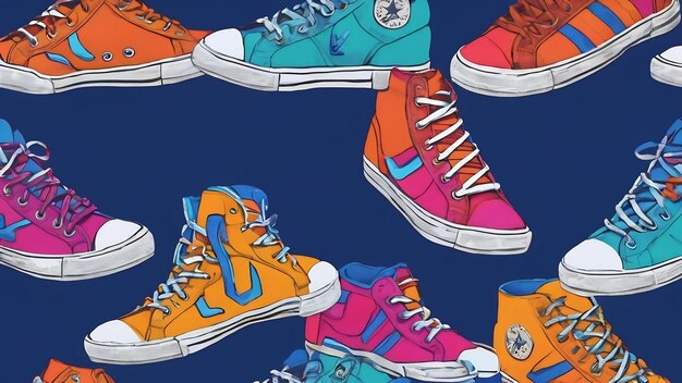 Scarpe da ginnastica colorate su sfondo blu a disegno senza cuciture