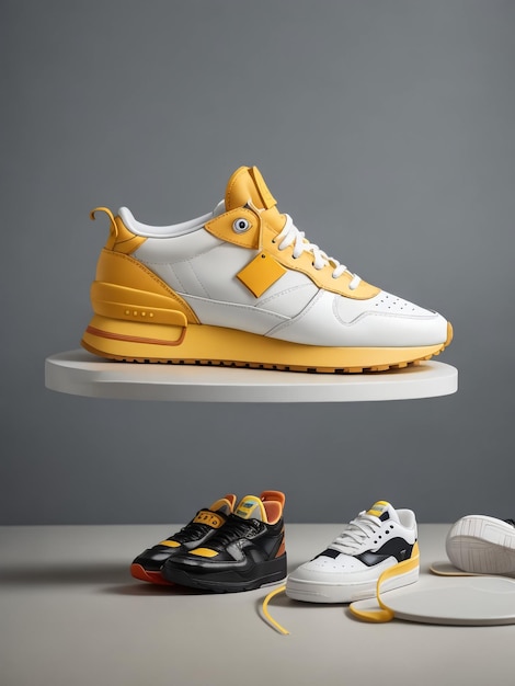 scarpe da ginnastica gialle e bianche su uno sfondo bianco