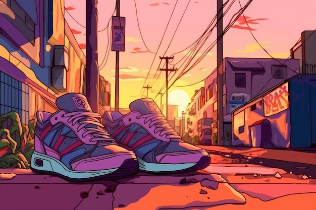 Scarpe da ginnastica per strada al tramonto in vista del primo piano Illustrazione AI generativa