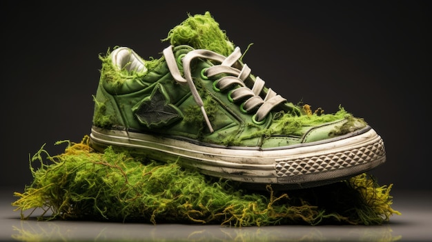 Scarpe da ginnastica ricoperte di muschio verde e erba La natura vince L'ecologia