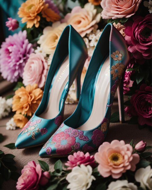 scarpe da sposa con tacchi alti su uno sfondo di fiori ai generativo