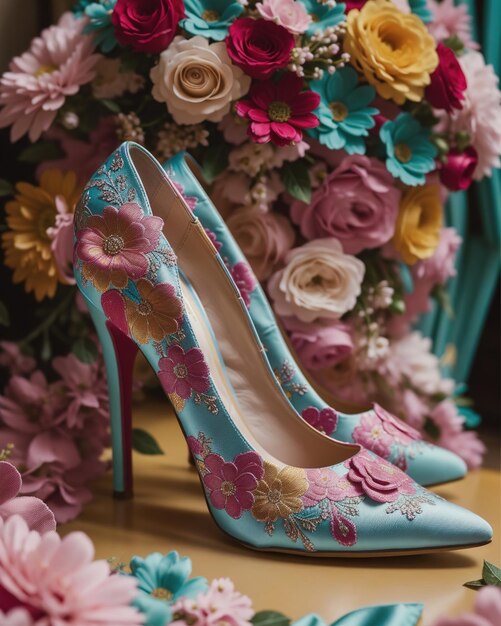 scarpe da sposa con tacchi alti su uno sfondo di fiori ai generativo