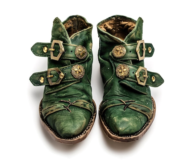 Scarpe di leprechaun usate d'epoca con fibbie d'oro isolate su sfondo bianco