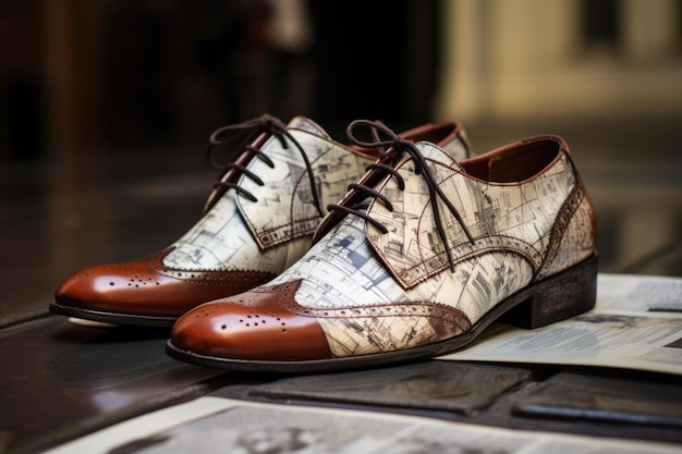 scarpe lucide su un giornale con macchie di smalto create con l'intelligenza artificiale generativa