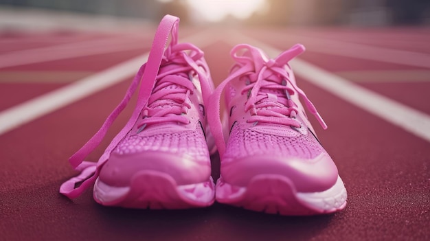 Scarpe rosa che riposano su un campo da tennis Cancro al seno.