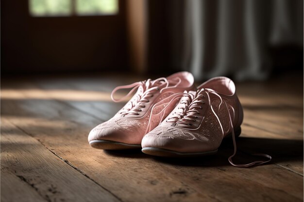 Scarpe rosa da ballerina sul pavimento di legno