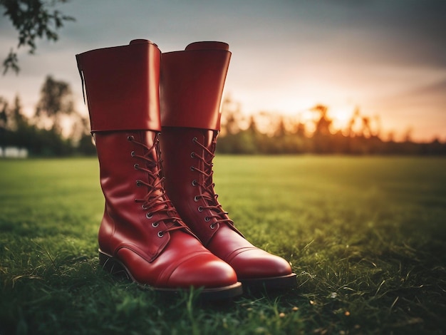 Scarpe rosse Stivali rossi Scarpe al tramonto Focalizzazione selettiva generata dall'AI