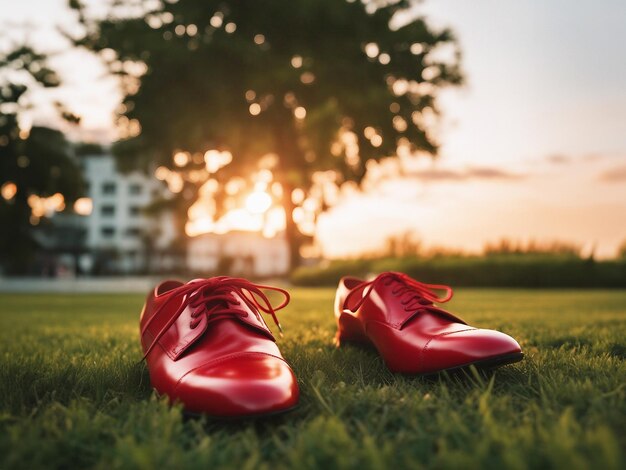 Scarpe rosse Stivali rossi Scarpe al tramonto Focalizzazione selettiva generata dall'AI