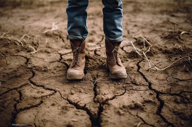 Scarpe sporche dell'uomo e terreno molto secco L'immagine include un effetto vintage