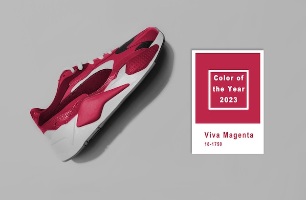 Scarpe sportive multicolore su sfondo con ombre flatlay. Nuovo trend 2023 PANTONE 18-1750 Viva Ma