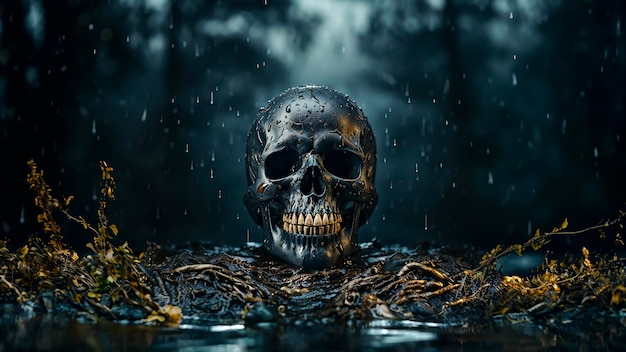 Scary cranio umano nella foresta buia in un giorno di pioggia concetto di Halloween