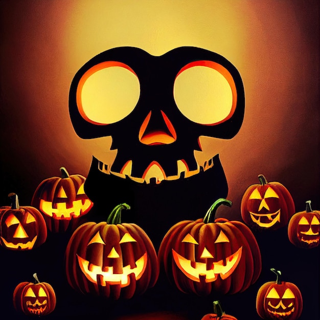 Scary creepy Happy Halloween cranio mostro su zucche sfondo illustrazione 3D