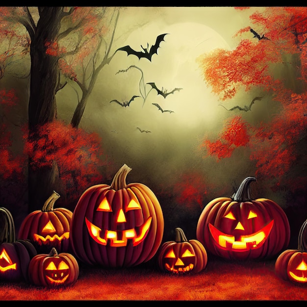 Scary creepy Happy Halloween zucche notte sfondo 3D illustrazione