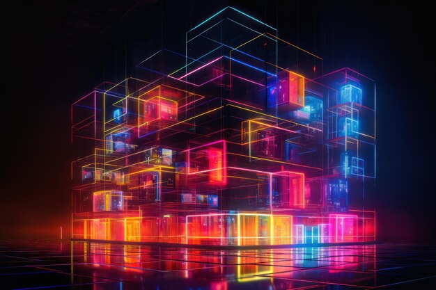 Scatenare la potenza della tecnologia moderna e delle soluzioni basate sui dati in un futuristico edificio a blocchi di neon illuminato dalla geometria Ai generativa