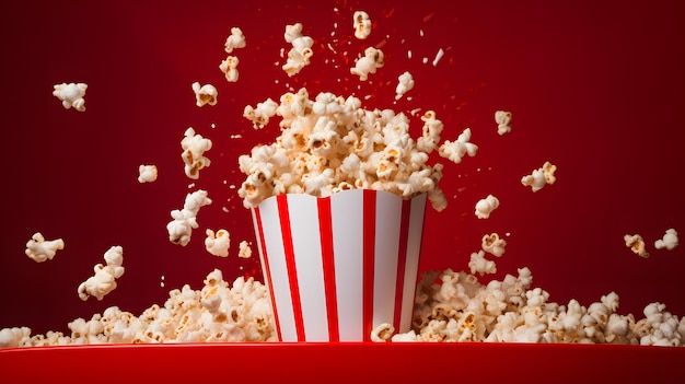 Scatola a righe con popcorn su sfondo rosso generata da una rete neurale