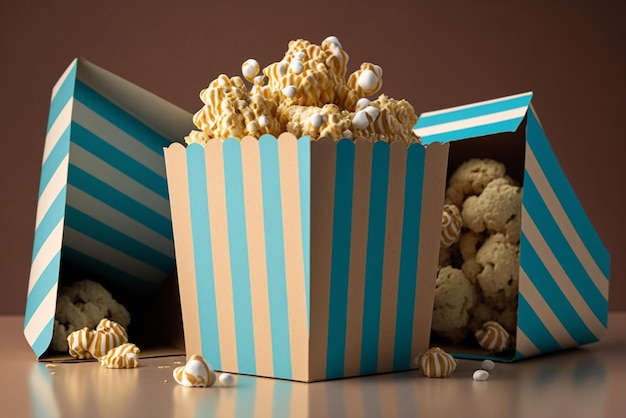 Scatola a strisce con popcorn Concetto di Cinema Hall Home Theater Movie Entertainment