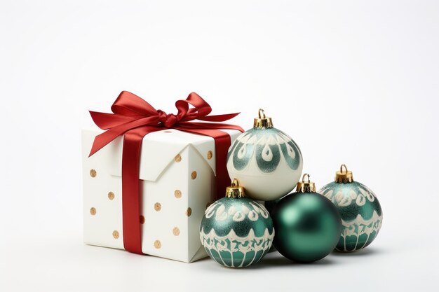 Scatola bianca festiva con nastro rosso e ornamenti di Natale