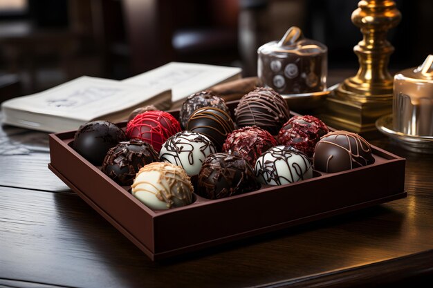 Scatola con gustose caramelle al cioccolato su un tavolo di legno