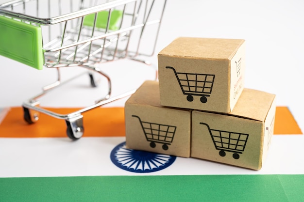 Scatola con il logo del carrello della spesa e la bandiera dell'India Import Export Shopping online o eCommerce concetto di fornitore di servizi di consegna finanziaria negozio di spedizione di prodotti