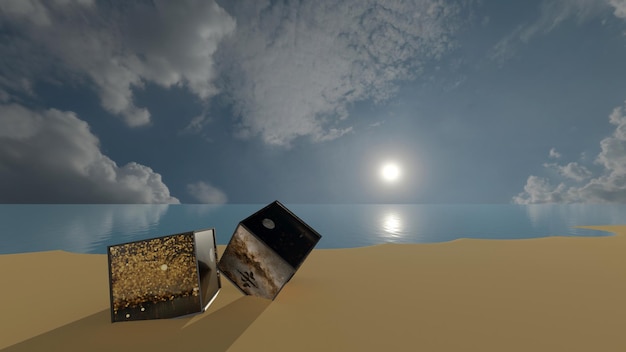 Scatola da viaggio su una spiaggia con il cielo all'alba in una mattina (Rendering 3D)