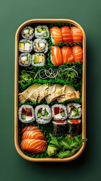 Scatola di bento in legno con sushi e sashimi vari