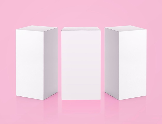 Scatola di cartone bianca per imballaggio in bianco isolata su sfondo rosa pronta per il design dell'imballaggio