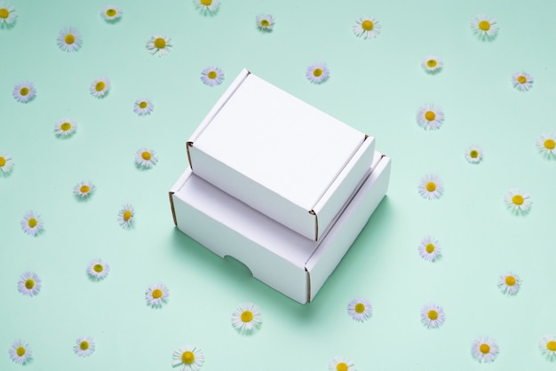 Scatola di cartone bianca su sfondo colorato decorata con fiori freschi