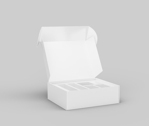 Scatola di cartone bianca vetrina aperta Mockup elegante design moderno per la visualizzazione del prodotto Illustrazione 3D