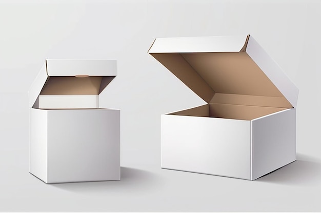 Scatola di cartone bianca vuota aperta e chiusa Modello di scatola realistico isolato su sfondo bianco