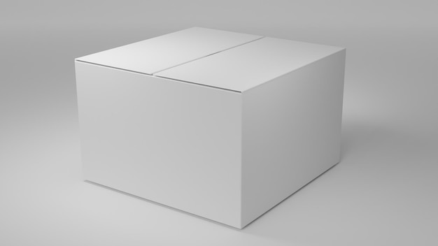 Scatola di cartone bianco 3D su sfondo bianco o modello di imballaggio o marchio scatola di kartone da spedizione