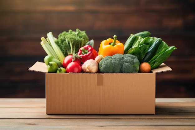 Scatola di cartone con frutta e verdura alimentare in una scatola di cartone consegna di cibo e concetto di footbank