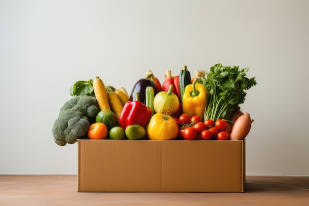 Scatola di cartone con frutta e verdura alimentare in una scatola di cartone consegna di cibo e concetto di footbank