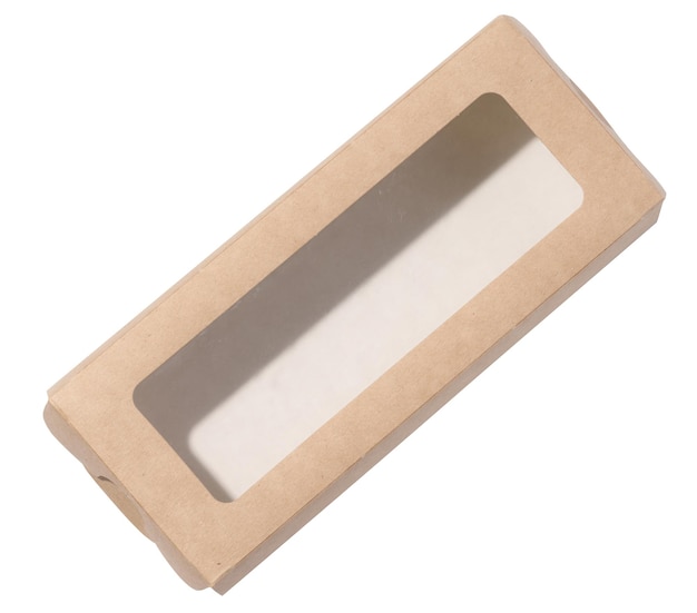 Scatola di cartone rettangolare marrone vuota con coperchio trasparente su sfondo bianco isolato