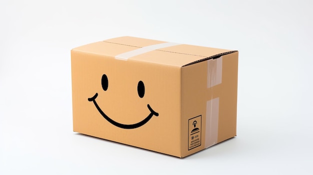 scatola di cartone semplice 3D vuota con un semplice disegno di una faccina sorridente
