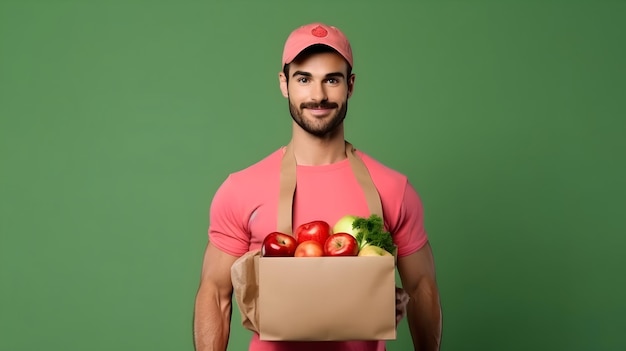 Scatola di cibo in mano di un uomo in uniforme verde