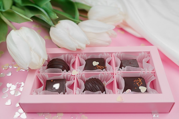 scatola di cioccolatini caramelle tulipani bianchi piccoli cuori su sfondo rosa. Primo piano, biglietto di auguri