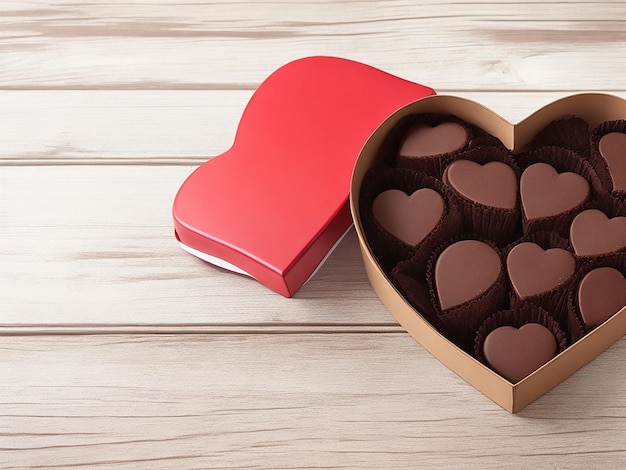 Scatola di cioccolato a forma di cuore su tavolo di legno bianco sfondo di San Valentino vista a basso angolo