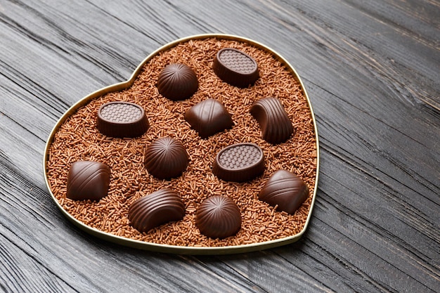 Scatola di cioccolato per San Valentino su sfondo scuro