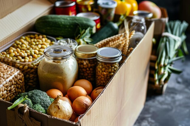 Scatola di donazione con vari alimenti Donazioni di cibo o concetto di consegna di cibo IA generativa