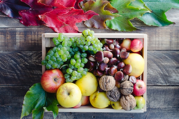 Scatola di legno con molti frutti diversi