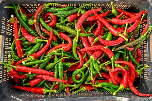 Scatola di peperoncini appena tagliati